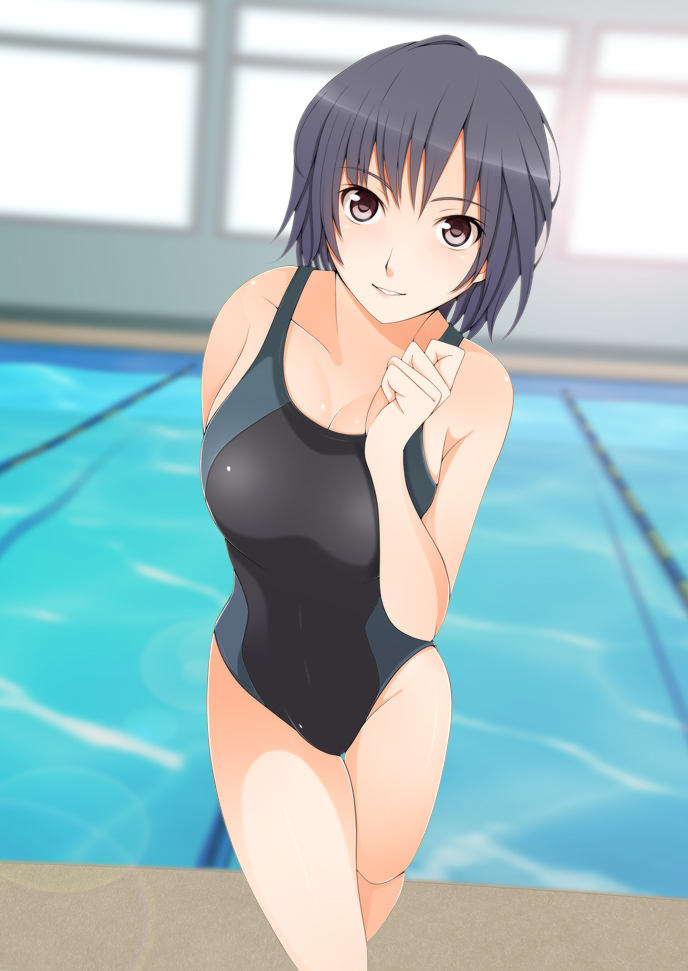 1girl amagami black_eyes black_hair competition_swimsuit kishida-shiki looking_at_viewer nanasaki_ai one-piece_swimsuit pool short_hair solo swimsuit