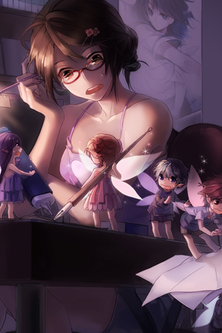 3girls aile aile_(artist) arm_up bare_shoulders brown_eyes brown_hair collarbone darkness fairy glasses hair_ornament hairpin holding layered_dress long_hair lowres multiple_boys multiple_girls open_mouth paper pen pencil poster_(object) purple_hair red_hair redhead short_hair sparkle standing surprised sweatdrop sword_girls table wings