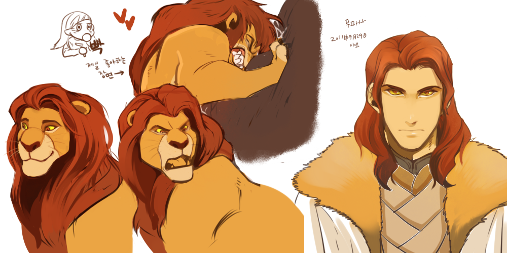 brown_eyes brown_hair disney fur_trim korean lion male mane mufasa personification red_hair simba the_lion_king yamyo yellow_sclera