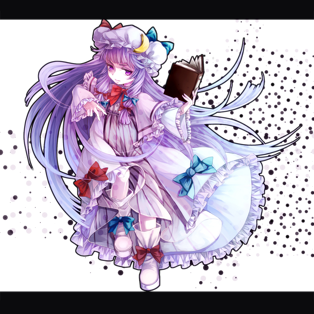 awa_toka blue_hair book bow breasts crescent dress full_body gradient_hair hair_bow hat long_hair multicolored_hair pantyhose patchouli_knowledge purple_eyes purple_hair smile solo touhou violet_eyes