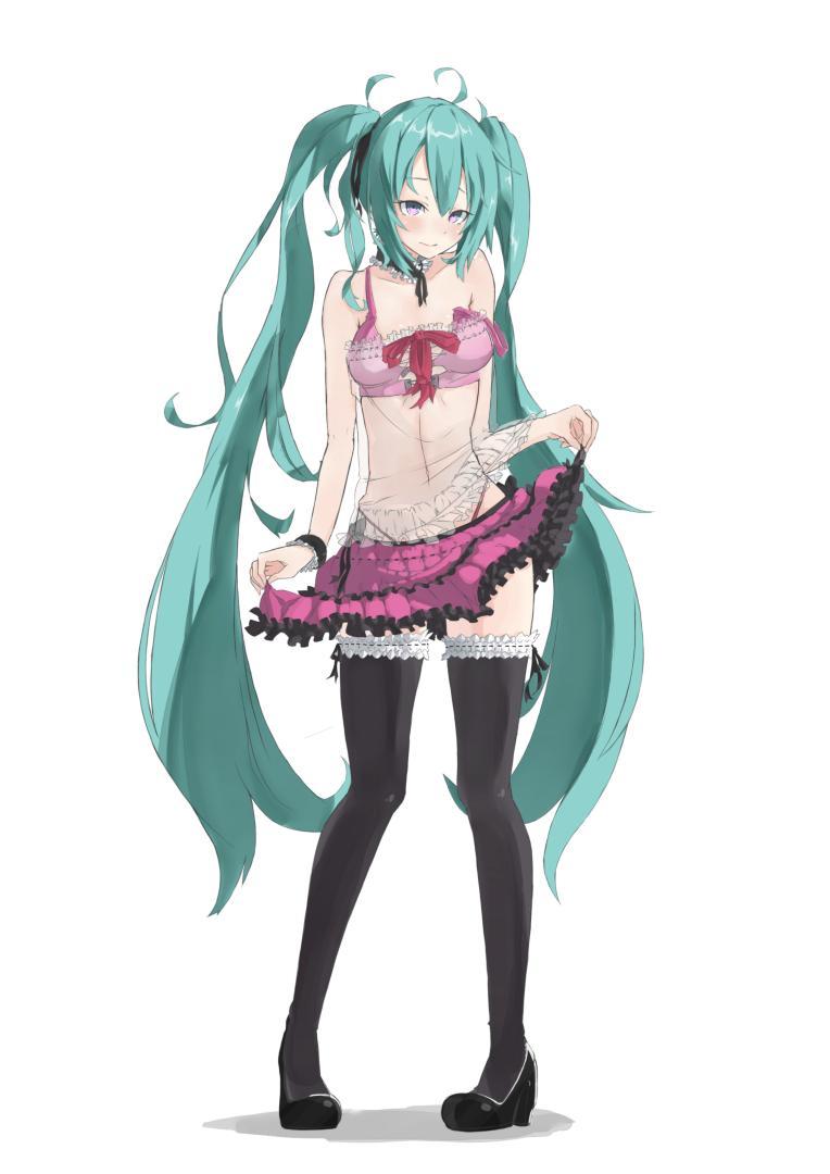 bad_id blush frills green_hair hatsune_miku high_heels lingerie long_hair pigeon-toed see-through shoes simple_background skirt skirt_hold solo strap_slip thigh-highs thighhighs twintails very_long_hair vocaloid white_background yuui zettai_ryouiki