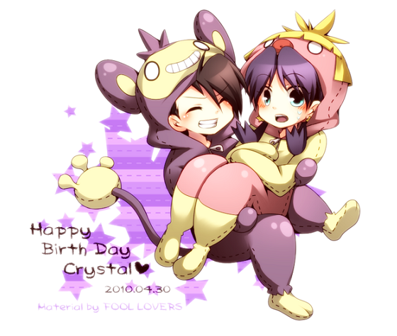 1boy 1girl 2010 aipom aipom_(cosplay) bad_id black_hair carrying character_name cosplay crystal_(pokemon) dated gold_(pokemon) happy_birthday pokemon pokemon_(game) pokemon_crystal pokemon_gold_and_silver pokemon_gsc pokemon_special purple_background saku_anna smoochum smoochum_(cosplay) star starry_background twintails white_background