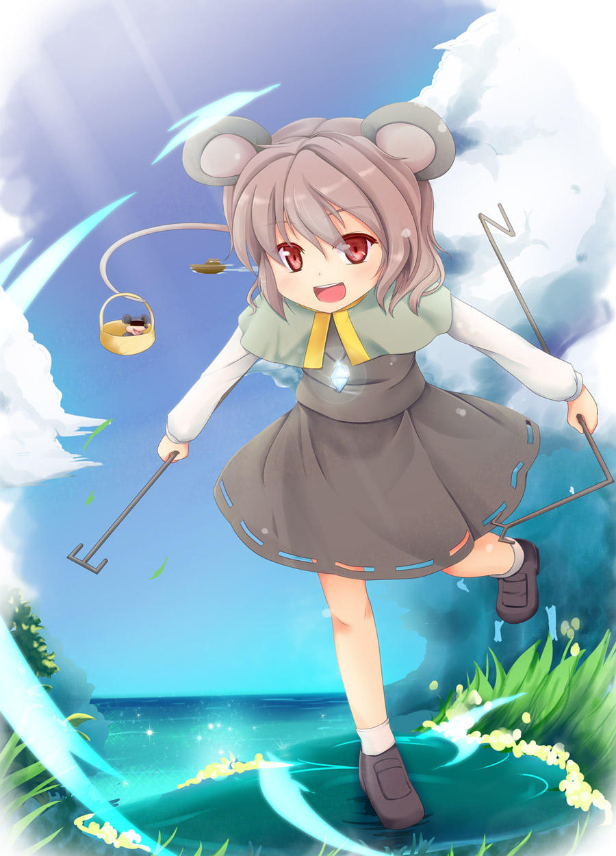 airship animal_ears basket blue_sky capelet censor_bar censored cloud disney dowsing_rod gem grass grey_hair highres identity_censor jewelry mickey_mouse mouse_ears mouse_tail nazrin necktie niiya open_mouth palanquin_ship pendant red_eyes shirt short_hair skirt skirt_set sky smile solo tail touhou water