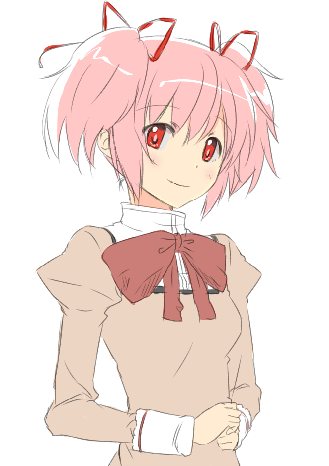 bowtie bust hair_ribbon kaname_madoka looking_at_viewer mahou_shoujo_madoka_magica meet pink_eyes pink_hair red_eyes ribbon rough school_uniform short_hair simple_background smile solo twintails white_background