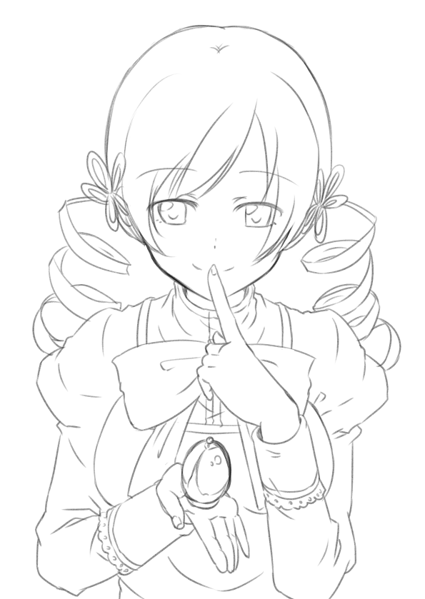 drill_hair finger_to_mouth hair_ornament lineart looking_down mahou_shoujo_madoka_magica meet monochrome simple_background smile solo soul_gem tomoe_mami twin_drills twintails