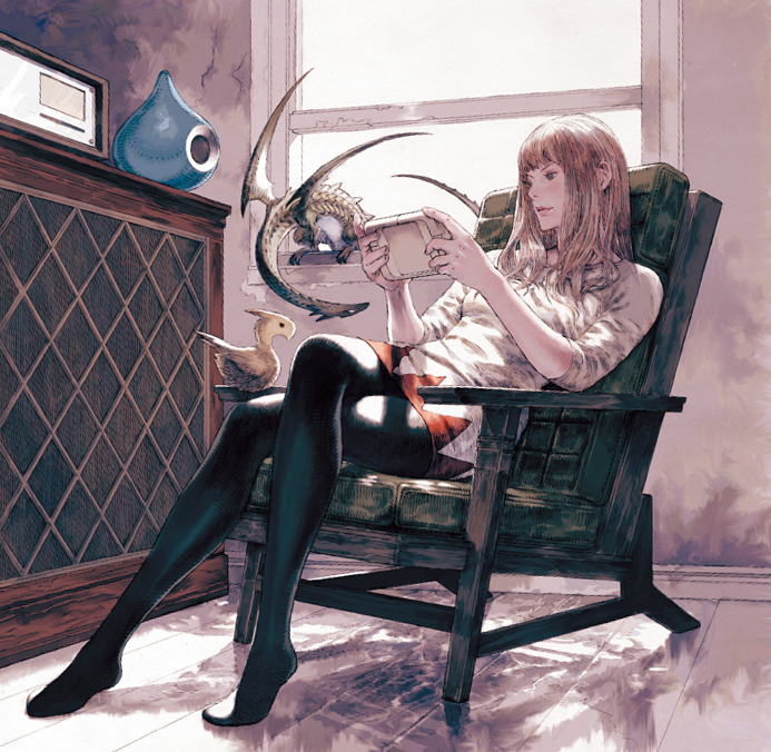 black_legwear blonde_hair cameo casual chair chocobo contemporary cover cover_page crossed_legs dragon dragon_quest final_fantasy handheld indoors legs_crossed lips long_hair miniskirt no_shoes original pantyhose sitting skirt sleeves_pushed_up slime_(dragon_quest) solo square_enix white_mage white_mage_(cosplay) window yoshida_akihiko