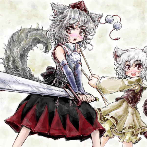 animal_ears belt bloomers brown_eyes dowsing_rod dress foreshortening gauntlets hat inubashiri_momiji long_sleeves looking_at_viewer mouse_ears mouse_tail multiple_girls nanashii_(soregasisan) nazrin open_mouth pom_pom_(clothes) pom_pom_(clothing) red_eyes simple_background skirt sleeveless sleeveless_shirt smile sword tail teeth tokin_hat touhou vest weapon white_hair wolf_ears wolf_tail