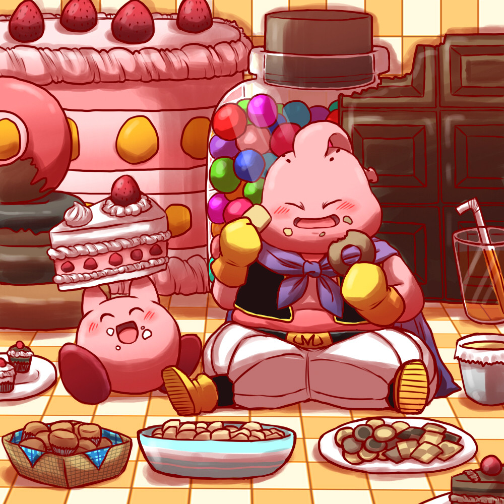 2boys alien bandai bandai-namco_entertainment bird_studio cake candy checkerboard_cookie chocolate closed_eyes color_connection cookie crossover cupcake doughnut dragon_ball dragon_ball_z dragonball_z eyes_closed food food_on_face glass hal_laboratory_inc. hoshi_no_kirby kirby kirby_(series) majin_buu male muffin namco nintendo no_humans pink_puff_ball pink_skin shounen_jump shueisha sitting smile straw strawberry_shortcake studio_connection talk toei_animation trait_connection warpstar_inc.