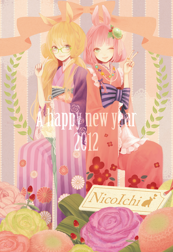 2girls animal_ears apron blonde_hair blue_eyes bow braid bunny_ears coma_(fginiy) english floral_print frills glasses green-framed_glasses green_eyes hair_bow hair_ornament japanese_clothes kimono leaf long_hair looking_at_viewer multiple_girls nail_polish new_year obi original pink_hair pointing short_hair single_braid sitting sleeves_past_wrists striped text v wide_sleeves wink