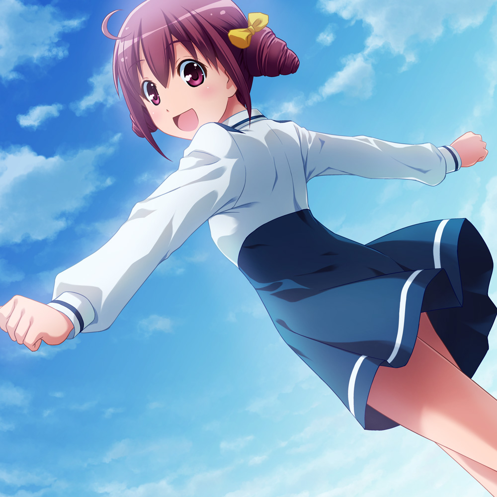 bow cloud hair_bow hoshizora_miyuki looking_back open_mouth outstretched_arms pink_eyes pink_hair precure red_hair redhead sayousuke school_uniform short_hair skirt sky smile smile_precure! solo spread_arms