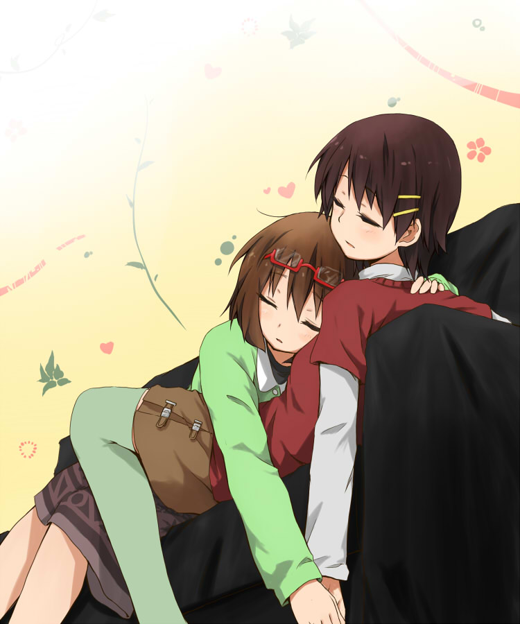 brown_hair closed_eyes couch eyes_closed glasses glasses_on_head green_legwear hair_ornament hairclip hand_holding headwear_switch hirasawa_yui holding_hands k-on! kagiana long_sleeves lying manabe_nodoka multiple_girls on_back on_side red-framed_glasses short_hair skirt sleeping thigh-highs thighhighs