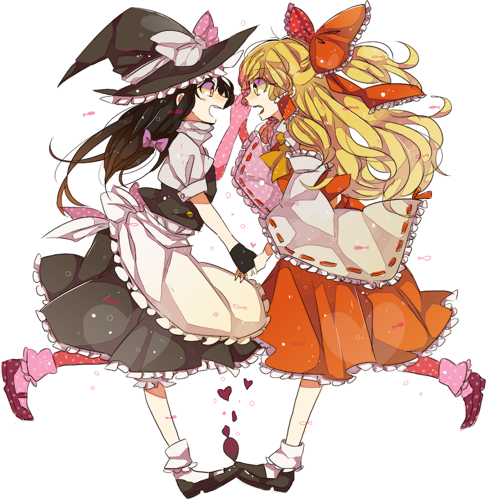 alternate_hairstyle apron ascot black_gloves black_hair blonde_hair bobby_socks bow brown_eyes cosplay costume_switch detached_sleeves fingerless_gloves footwear frills gloves hair_bow hair_tubes hakurei_reimu hakurei_reimu_(cosplay) hand_holding hat hat_bow holding_hands kirisame_marisa kirisame_marisa_(cosplay) long_hair mam233 miko multiple_girls ponytail puffy_sleeves short_ponytail short_sleeves simple_background skirt socks touhou vest waist_apron white_background white_legwear witch witch_hat yellow_eyes