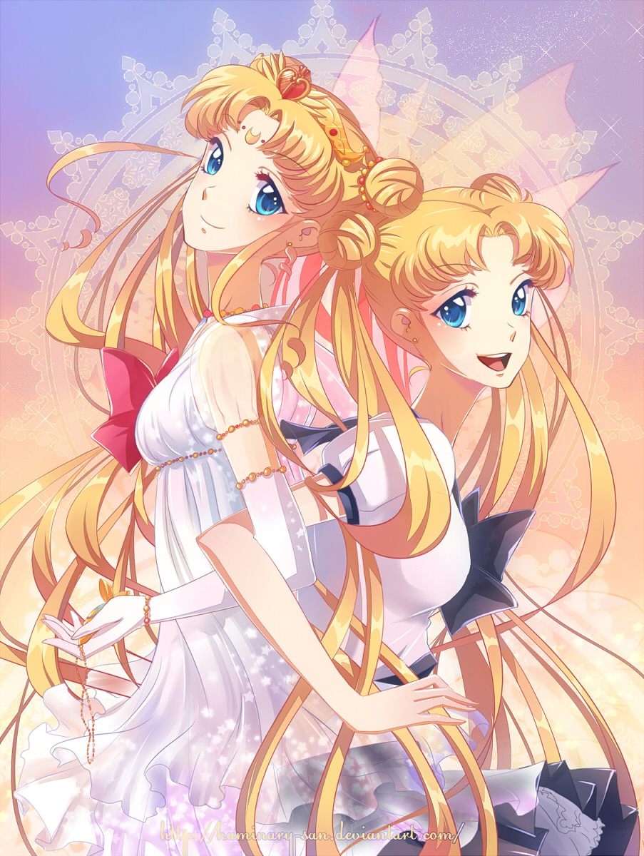 1girl adapted_costume alternate_hairstyle back-to-back bishoujo_senshi_sailor_moon blonde_hair blue_eyes bow bracelet crescent double_bun dress dual_persona facial_mark forehead_mark gradient gradient_background highres jewelry kaminary locked_arms long_hair multiple_girls purple_background ribbon sailor_moon school_uniform smile tiara tsukino_usagi twintails watermark web_address yellow_background