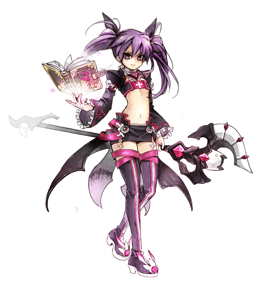 aisha_(elsword) bad_id bandeau book boots breasts elsword flat_chest limble long_hair miniskirt navel purple_eyes purple_hair purple_legwear skirt smile solo staff thigh-highs thigh_boots thighhighs twintails under_boob underboob violet_eyes white_background