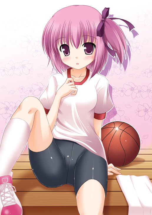 bike_shorts blush gym_uniform minato_tomoka purple_eyes purple_hair ribbon ro-kyu-bu! rou-kyuu-bu! short_hair shorts side_ponytail sitting suzumiya_kazuki violet_eyes