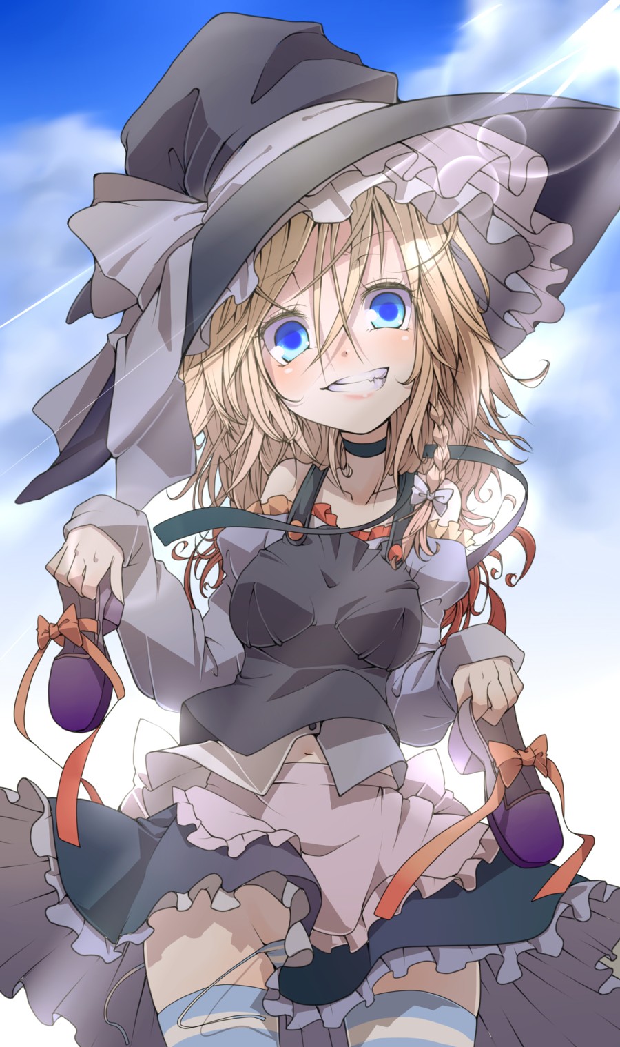 1girl apron belly belly_button blonde_hair blue_eyes bow braid grin hair_bow hat hat_bow highres kirisame_marisa mound_of_venus navel panties shoes shunsuke side-tie_panties skirt skirt_set smile solo striped striped_legwear striped_panties teeth thigh-highs thighhighs touhou underwear untied witch witch_hat