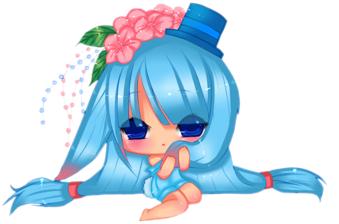 1girl :&lt; animal_ears blue_eyes blue_hair blush bunny_tail chibi flower hair_flower hat ichocola long_hair low_twintails rabbit_ears solo tail twintails