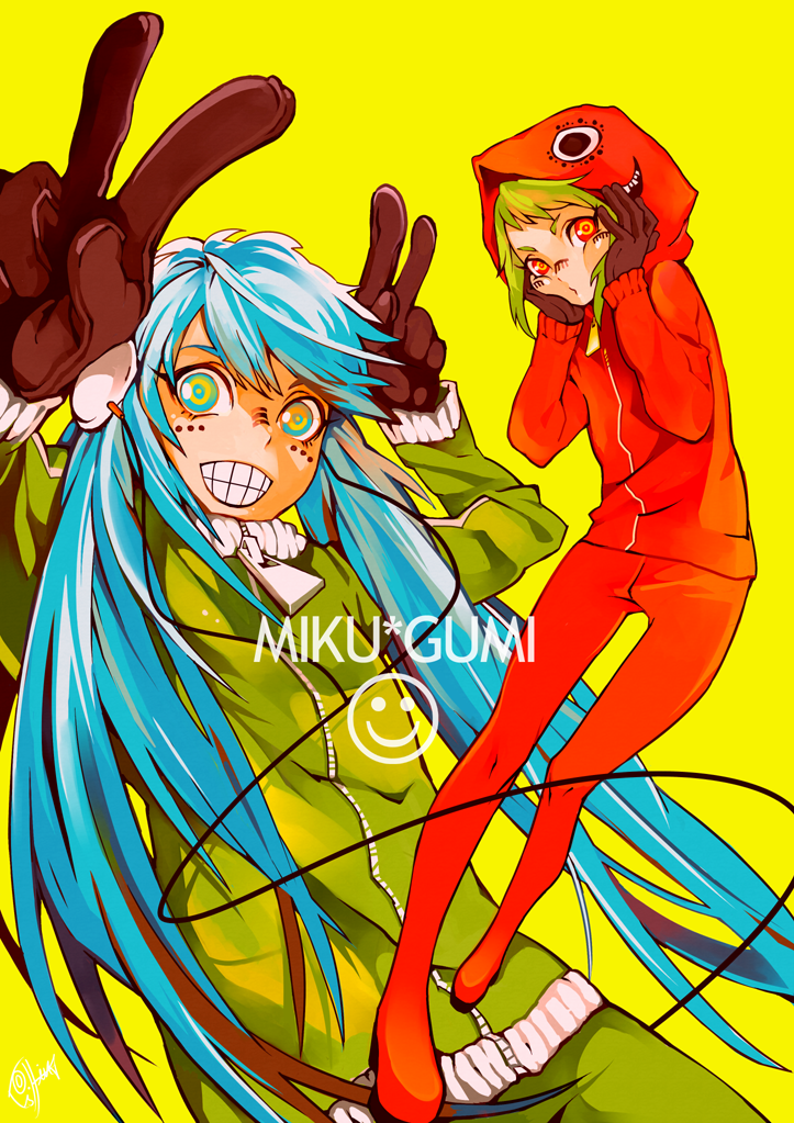alternate_hairstyle blue_eyes blue_hair character_name facial_mark fishine gloves green_hair grin gumi hands_on_own_cheeks hands_on_own_face hatsune_miku headphones hoodie jersey matryoshka_(vocaloid) red_eyes smile track_suit v vocaloid