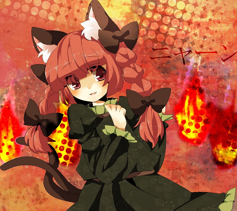 animal_ears bow braid cat_ears cat_tail dress fire hair_bow kaenbyou_rin multiple_tails piyyoota red_eyes red_hair redhead solo tail touhou twin_braids twintails