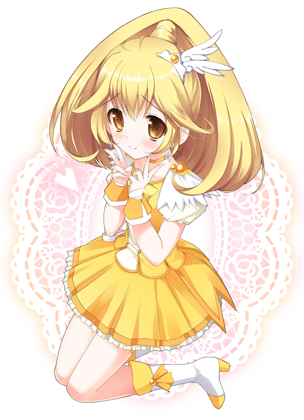 blonde_hair blush boots choker cure_peace double_v dress hair_ornament highres kimishima_ao kise_yayoi kneeling long_hair looking_up magical_girl precure smile smile_precure! solo v white_background wrist_cuffs yellow yellow_dress yellow_eyes