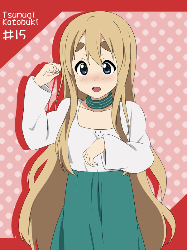 blonde_hair blue_eyes blush character_name dress eyebrows ikari_manatsu jewelry k-on! kotobuki_tsumugi long_hair neck_ring solo thick_eyebrows