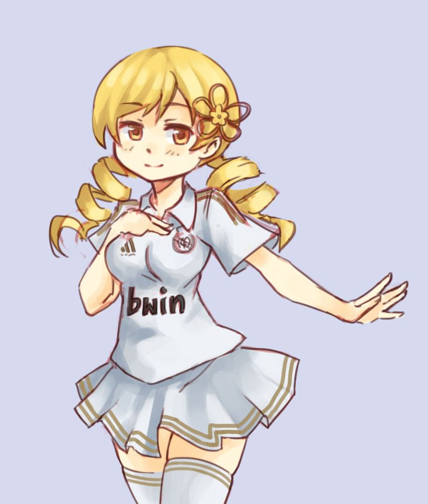 adidas blonde_hair breasts drill_hair flower hair_flower hair_ornament mahou_shoujo_madoka_magica pas_(paxiti) product_placement real_madrid simple_background skirt smile solo sportswear thigh-highs thighhighs tomoe_mami twin_drills white_legwear yellow_eyes zettai_ryouiki