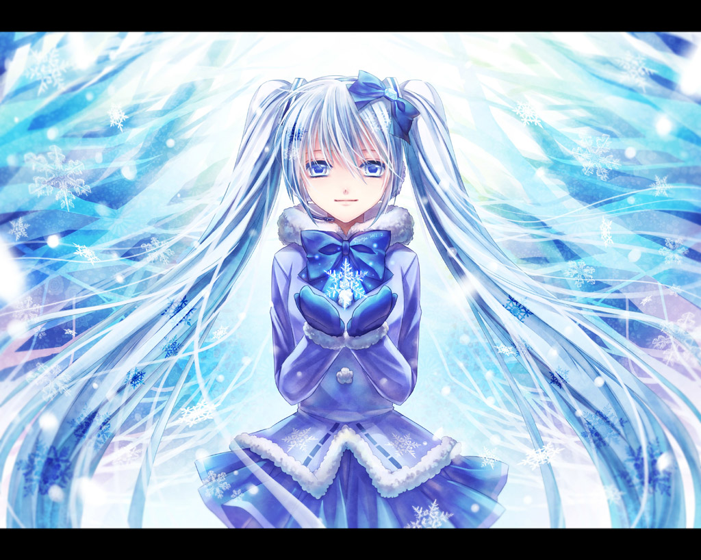 blue_eyes blue_hair bow earmuffs gloves hair_bow hatsune_miku headset letterboxed long_hair looking_at_viewer siaoyu skirt smile snow snowflakes solo twintails very_long_hair vocaloid yuki_miku