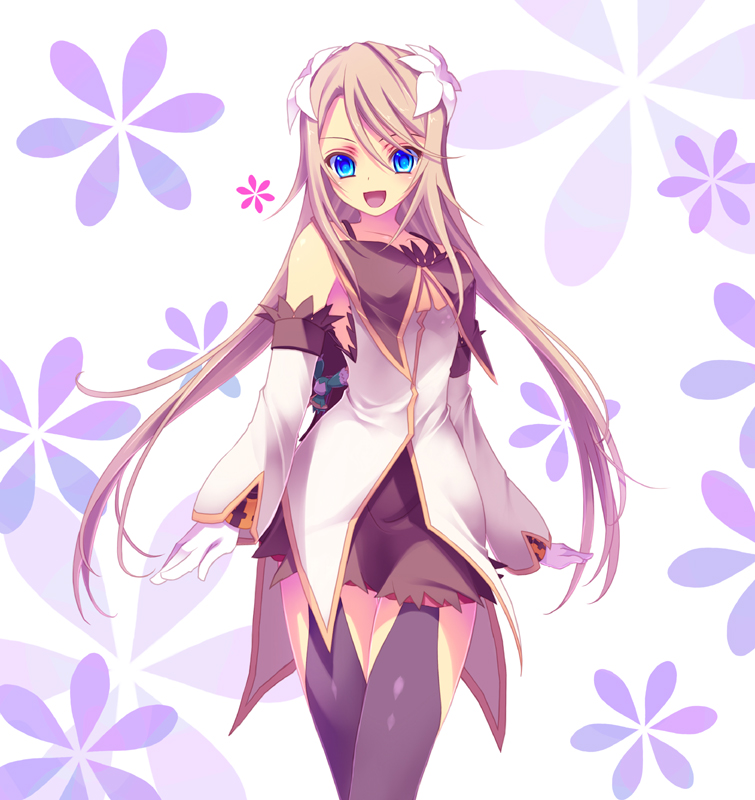 black_legwear blue_eyes brown_hair detached_sleeves floral_background flower gloves hair_flower hair_ornament long_hair marta_lualdi skirt skoubou smile solo tales_of_(series) tales_of_symphonia tales_of_symphonia_knight_of_ratatosk thigh-highs thighhighs white_background