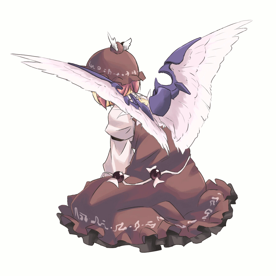 animal_ears animated animated_gif brown_dress dress flapping hat md5_mismatch mystia_lorelei pink_hair shirt short_hair sitting solo touhou white_background wings yudepii