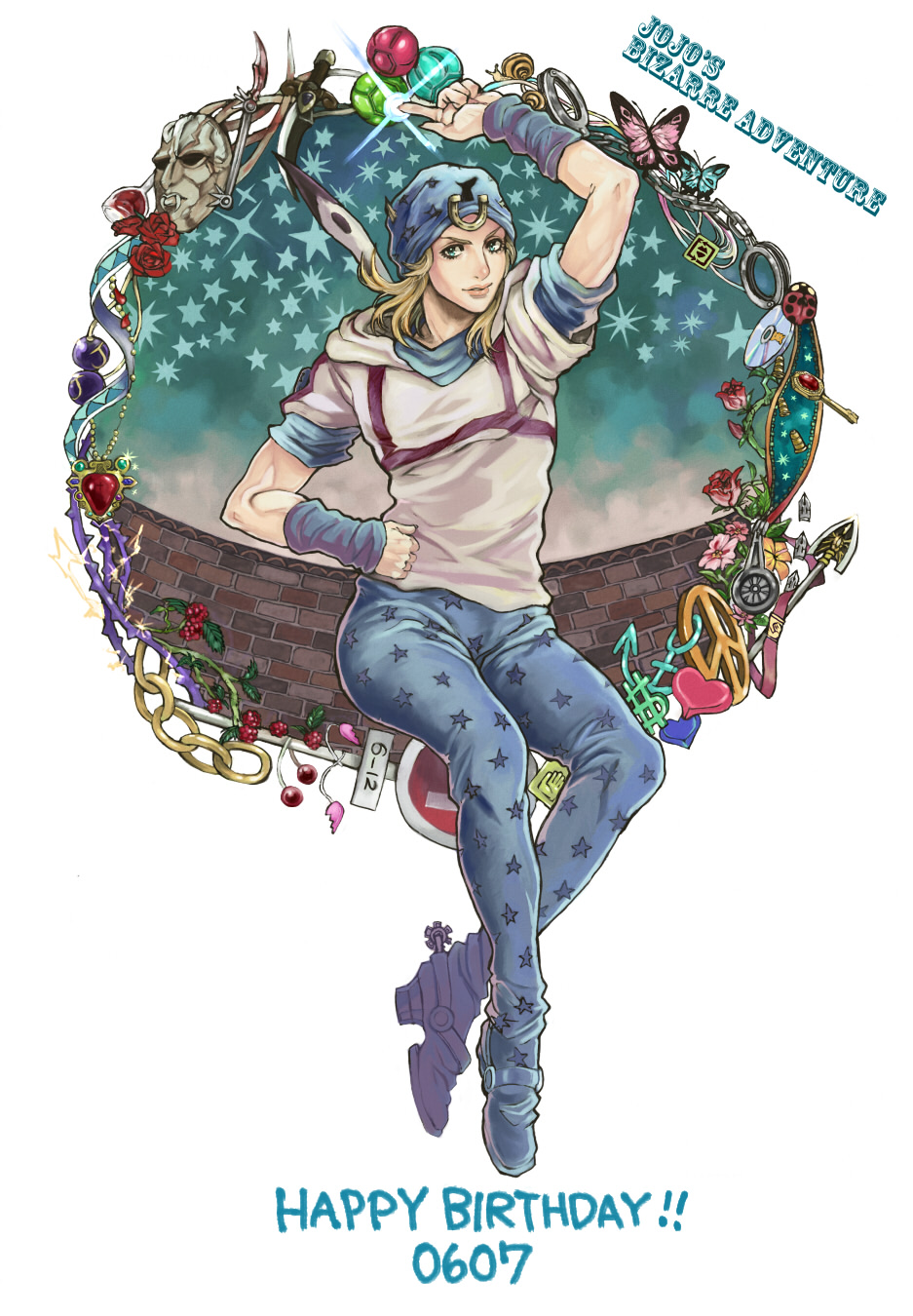 anchor arrow berries berry-a blonde_hair butterfly chain chains cuffs cup flower green_eyes handcuffs hat heart hermit_purple highres johnny_joestar jojo_no_kimyou_na_bouken kiss_(stand) knife male peace_symbol red_stone_of_aja red_stone_of_asia road_sign rose scalpel sign snail solo spurs stand_(jojo) steel_ball_run sticky_fingers_(stand) stone_mask_(jojo) wine wine_glass wristband zipper
