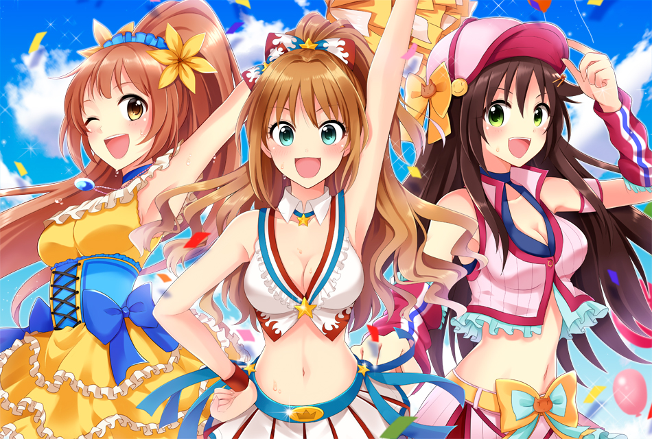 3girls :d ;d adjusting_clothes adjusting_hat arm_up arm_warmers armpits balloon baseball_cap bow breasts brown_eyes brown_hair choker cleavage clouds confetti corset detached_collar dress flower frills green_eyes hair_bow hair_flower hair_ornament hairclip hand_on_hip hat himekawa_yuki hino_akane_(idolmaster) idolmaster idolmaster_cinderella_girls jewelry long_hair midriff multiple_girls navel necklace open_mouth outstretched_arm pleated_skirt pom_poms ponytail pu_uq ribbon skirt smile sparkle star sweat very_long_hair wakabayashi_tomoka wink wristband yellow_dress