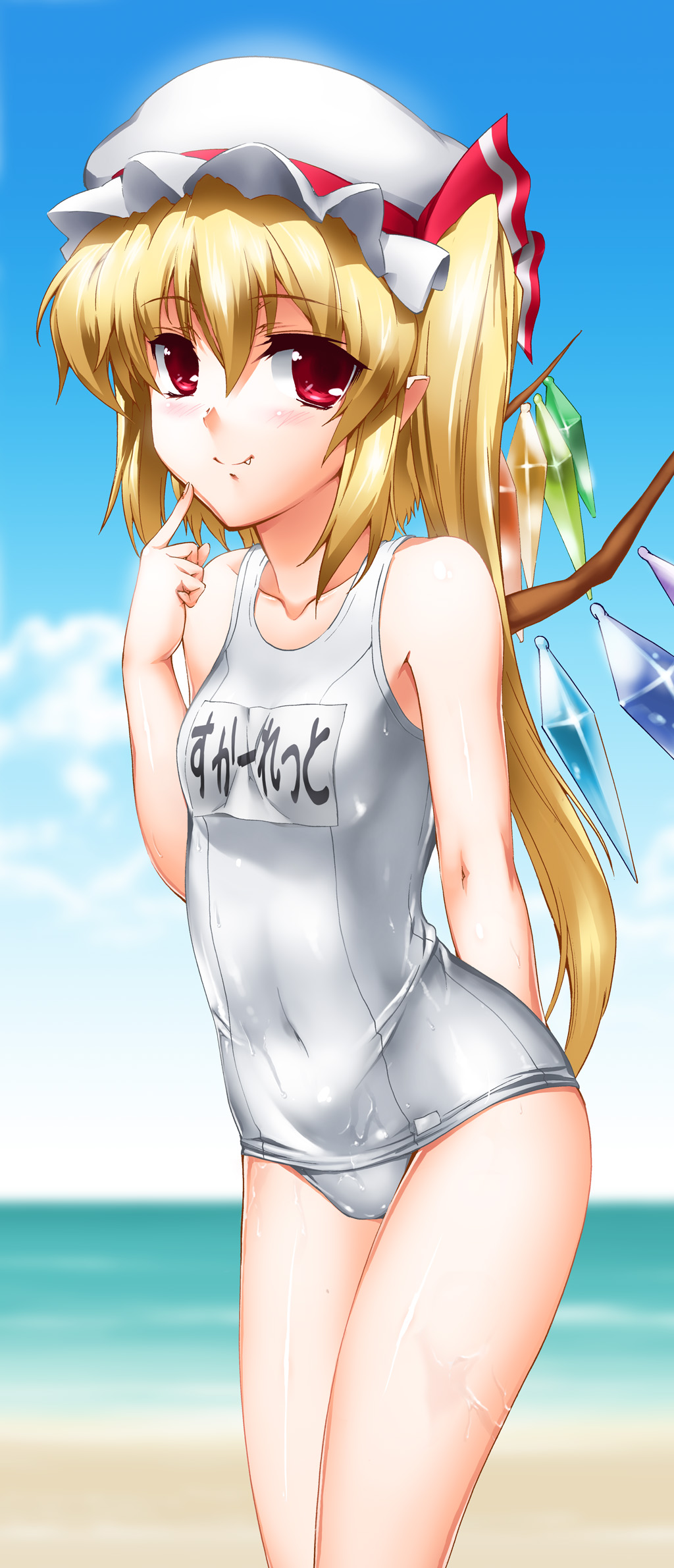 beach blonde_hair byeontae_jagga fang flandre_scarlet hat henshako highres long_hair one-piece_swimsuit red_eyes school_swimsuit shiny shiny_clothes skindentation solo swimsuit swimsuit the_embodiment_of_scarlet_devil touhou wet wet_clothes white_school_swimsuit wings