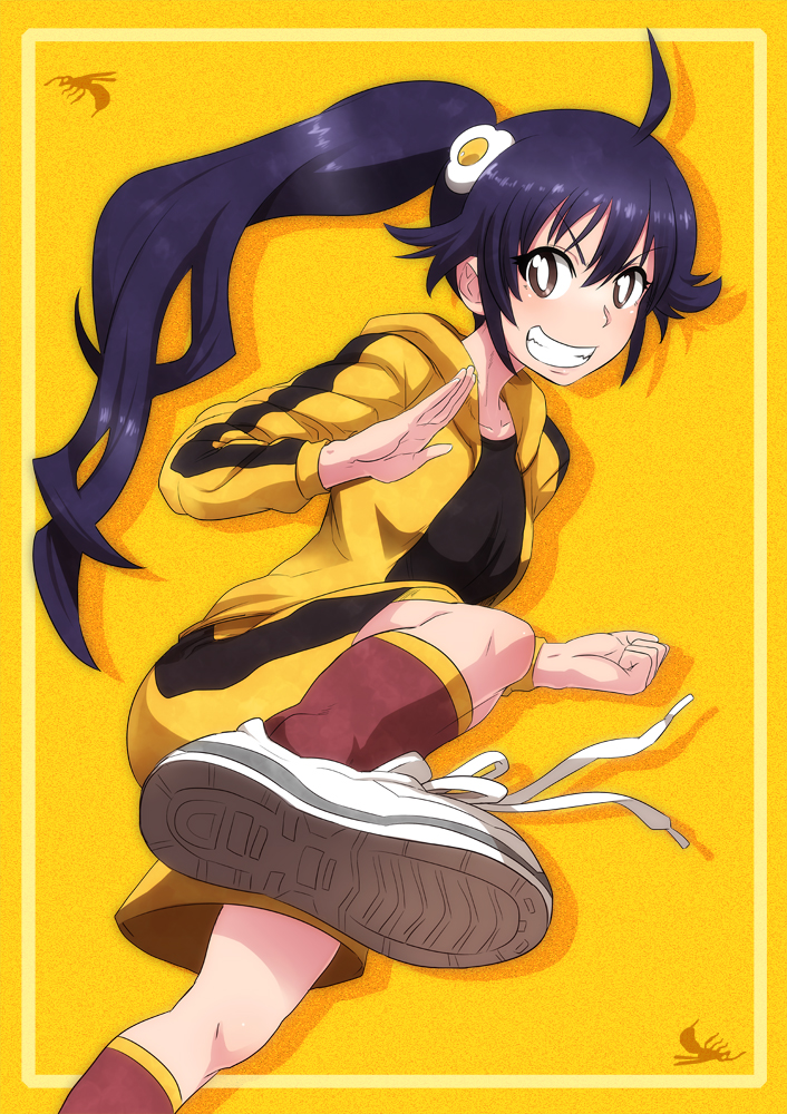 ahoge araragi_karen asymmetrical_hair bakemonogatari bee black_hair brown_eyes camisole collarbone grin hooded_track_jacket hoodie long_hair monogatari_(series) nisemonogatari shorts side_ponytail smile tank_top tomoyohi