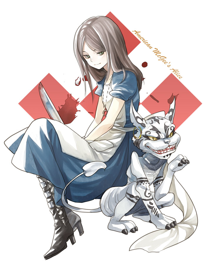 alice:_madness_returns alice_in_wonderland american_mcgee's_alice american_mcgee's_alice apron bad_id boots brown_hair cat cheshire_cat dress earrings green_eyes jewelry knife kuro_ya long_hair necklace weapon