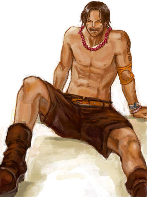 1boy arisue_kanako belt black_hair black_pants bracelet closed_eyes eyes_closed freckles jewelry laughing long_hair male muscle necklace one_piece portgas_d_ace shirtless shoes shorts sitting smile solo tattoo topless watch