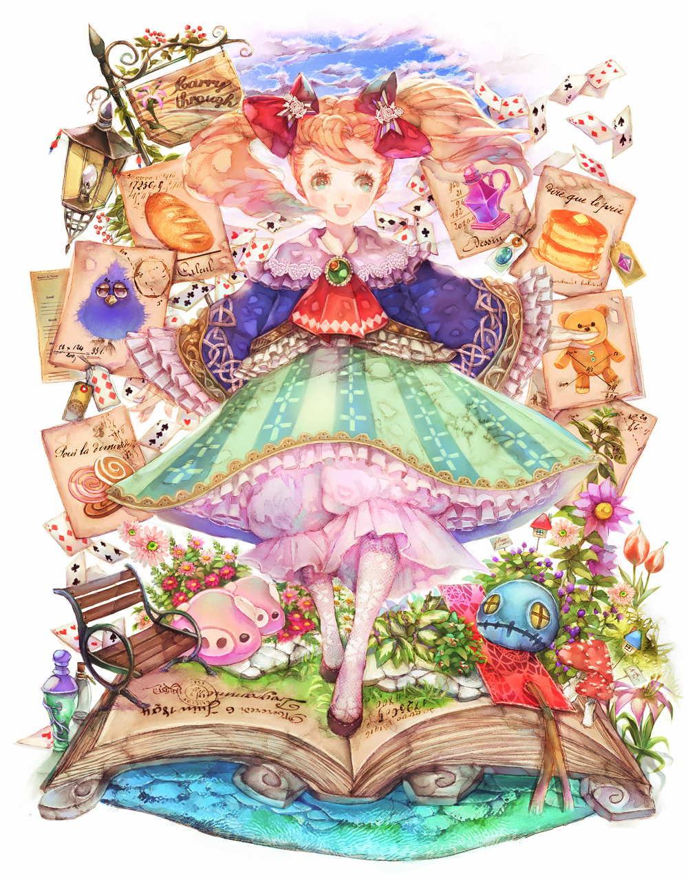 aqua_eyes ascot avalon_code bench bird bloomers book bookmark bottle bread brown_hair cloudy_sky flower food frilled_sleeves gem hair_ribbon herb highres lamp leaf open_book open_mouth outstretched_arms oversized_clothes paper pig poker ribbon sign skirt solo spread_arms stitched stuffed_animal stuffed_toy teddy_bear twintails yogisya