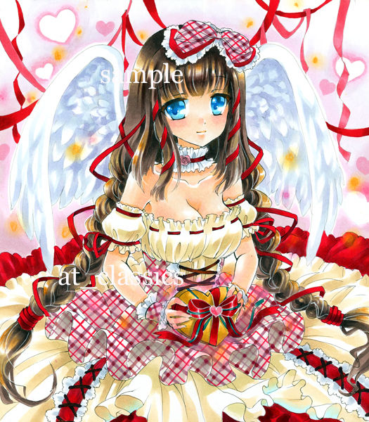 angel angel_wings at_classics bare_shoulders blue_eyes blush bow braid breasts brown_hair choker cleavage dress frilled_dress frills hair_bow heart large_breasts long_hair marker_(medium) original ribbon sample traditional_media twin_braids valentine very_long_hair wings wrist_cuffs