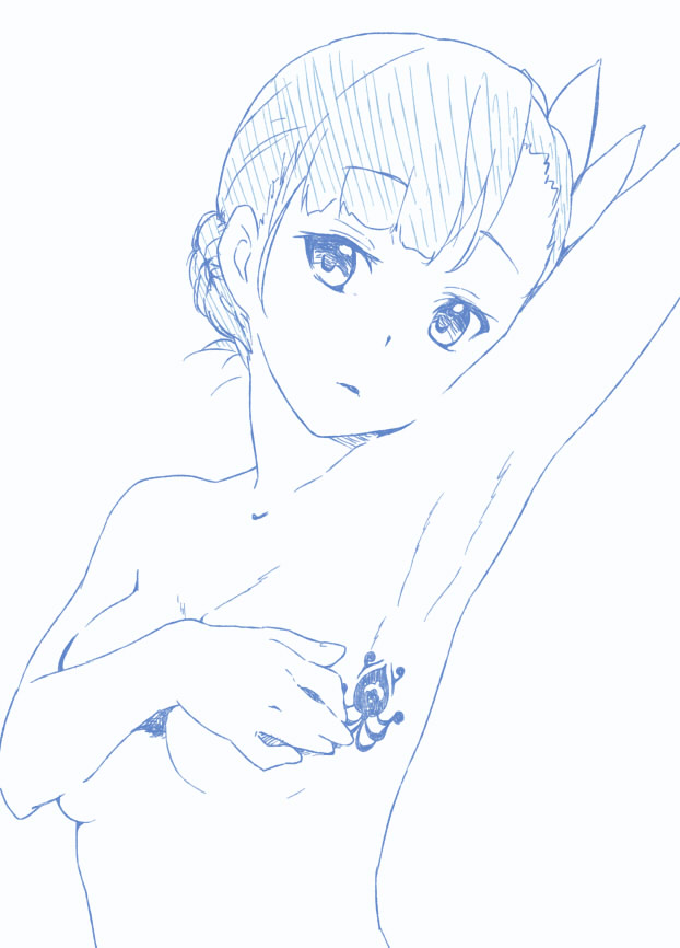 arm_up armpits asymmetrical_bangs bangs breasts covering covering_breasts errant fin_e_ld_si_laffinty flower hair_flower hair_ornament monochrome rinne_no_lagrange short_hair solo