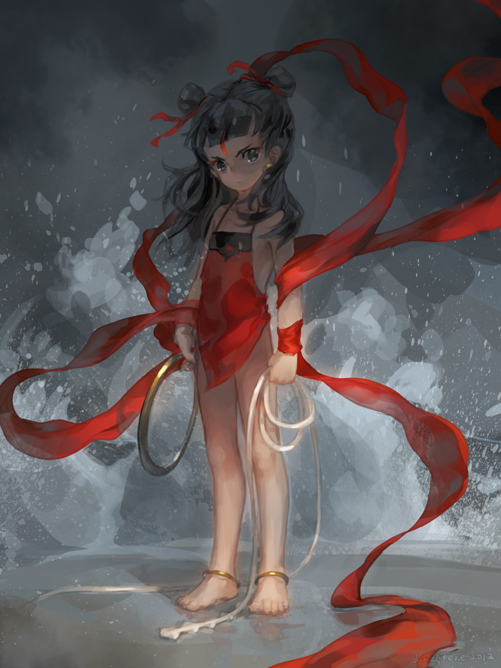 1girl anklet apron bangs bare_shoulders barefoot black_hair blue_eyes cloth double_bun earrings hair_ribbon halterneck highres holding janemere jewelry legs long_hair looking_at_viewer male naked_apron original ribbon solo standing wind