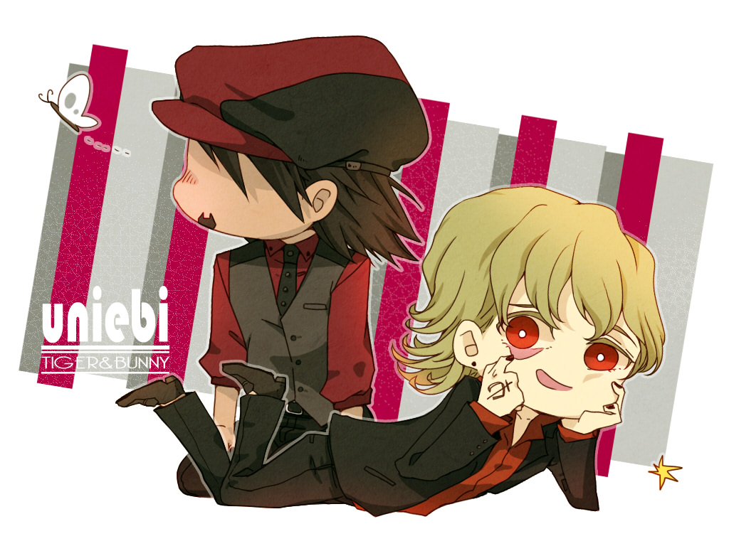 2boys blonde_hair blush brown_hair butterfly cabbie_hat chibi dark_persona ebitetsu formal hat ken_a_jian male multiple_boys nail_polish ourobunny red_eyes suit tiger_&amp;_bunny vest waistcoat