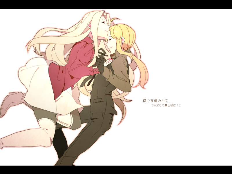 ahoge bad_id black_gloves blonde_hair boots closed_eyes eyes_closed fate/zero fate_(series) fingers_clasped forehead_kiss formal gloves hand_on_another's_chest high_heels irisviel_von_einzbern kiss letterboxed long_hair multiple_girls necktie pant_suit pantyhose ponytail saber shoes suit takumi_(scya) thigh-highs thigh_boots thighhighs vest waistcoat white_hair yuri