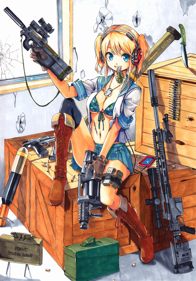 1girl ammo_box ammunition_belt at4 bipod blonde_hair blue_eyes boots box breasts broken_glass bullet bullet_hole bullpup camouflage cartridge claymore_(mine) cleavage copyright_request cross-laced_footwear desert_eagle digital_media_player dog_tags explosive front-tie_top glass gloves grenade grenade_launcher grin gun handgun headphones knife lace-up_boots locked_slide looking_at_viewer magazine_(weapon) meso-meso milkor_mgl mouth_hold navel open_clothes open_shirt p90 pistol rifle rocket_launcher scar school_uniform scope shell_casing sitting sling smile solo suppressor twintails underboob weapon window xm2010