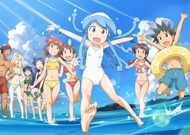 6+girls aizawa_chizuru aizawa_eiko aizawa_takeru arashiyama_gorou arms_up barefoot beach bikini black_hair blonde_hair blue_hair bracelet brown_hair cindy_campbell closed_eyes cloud eyes_closed frilled_bikini frills glasses hairband hands_on_hips ikamusume innertube jewelry jumping lens_flare long_hair multiple_boys multiple_girls nagatsuki_sanae ocean official_art one-piece_swimsuit open_mouth outstretched_arms ponytail reference_work saitou_nagisa sakura_kiyomi shinryaku!_ikamusume short_hair shorts sky smile spread_arms standing striped striped_bikini striped_swimsuit sunbeam sunlight swim_trunks swimsuit tentacles volleyball walking