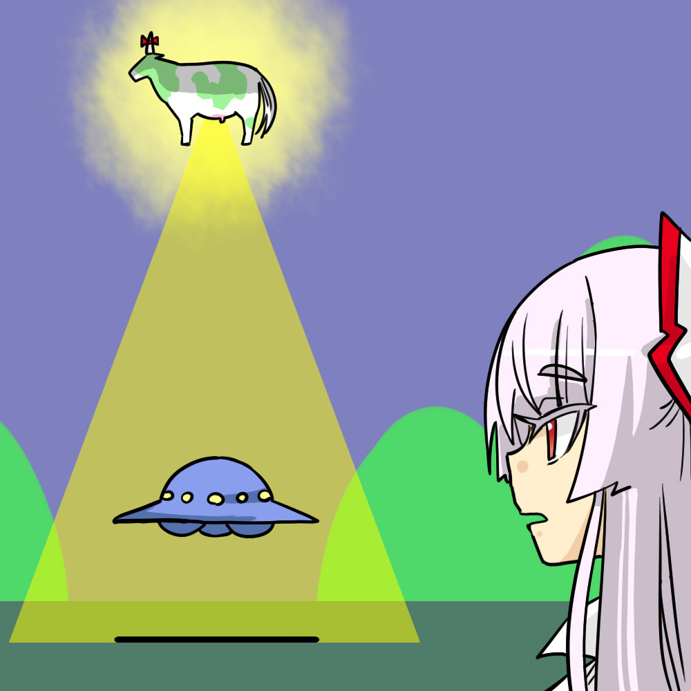 abduction animalization beam bow cow floating fujiwara_no_mokou hair_bow hill horn horn_ribbon horns irony kamishirasawa_keine long_hair looking_at_another open_mouth red_eyes ribbon role_reversal seki_(red_shine) silver_hair simple_background solo touhou traction_beam ufo what