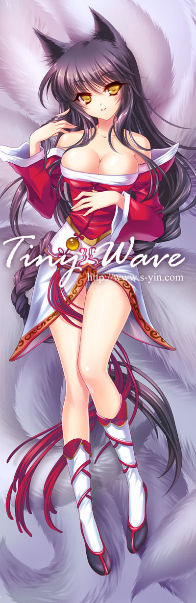 ahri animal_ears bare_shoulders black_hair breasts cleavage collarbone detached_sleeves facial_mark fox fox_ears fox_tail hair_twirling hand_in_hair highres kneehighs large_breasts league_of_legends long_hair looking_at_viewer lying multiple_tails on_back parted_lips s-yin smile solo tail very_long_hair white_legwear yellow_eyes