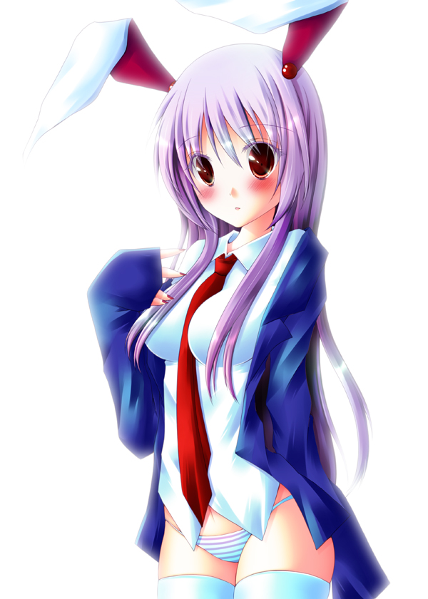 animal_ears blazer blush breasts bunny_ears meiya_neon necktie no_pants off_shoulder panties purple_hair red_eyes reisen_udongein_inaba simple_background sleeves_past_wrists solo striped striped_panties thigh-highs thighhighs touhou underwear white_background