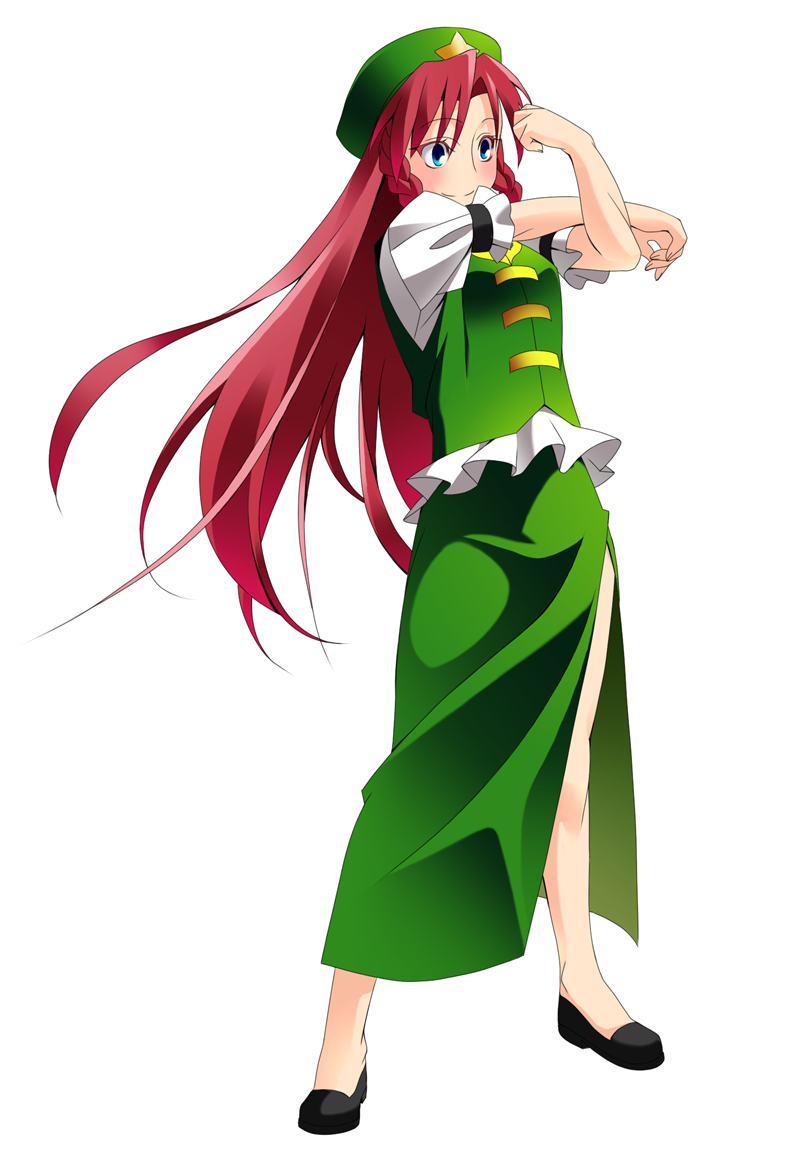 armband blue_eyes braid chinese_clothes hat hong_meiling long_hair looking_away no_socks oharu_oyasumi red_hair redhead shirt shoes short_sleeves simple_background skirt smile solo star stretch touhou twin_braids very_long_hair vest white_background