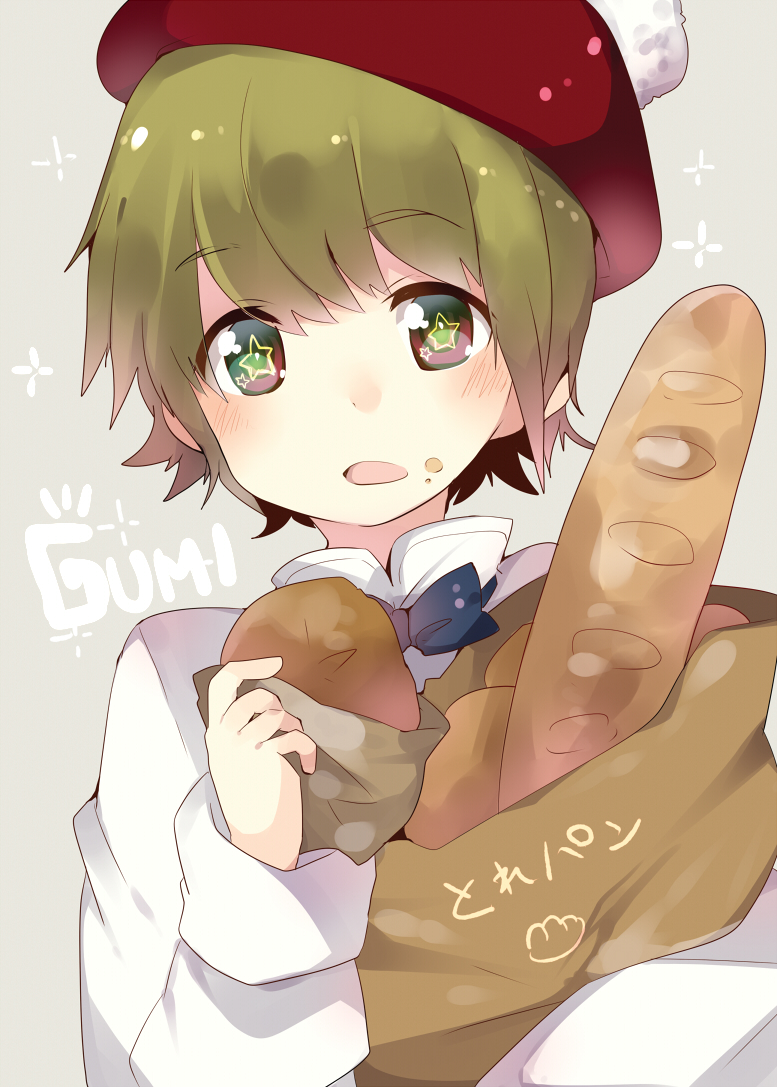 1girl androgynous baguette beret blush bread eating face female food food_on_face green_eyes green_hair gumi hat looking_at_viewer pun2 reverse_trap short_hair solo symbol-shaped_pupils tomboy vocaloid