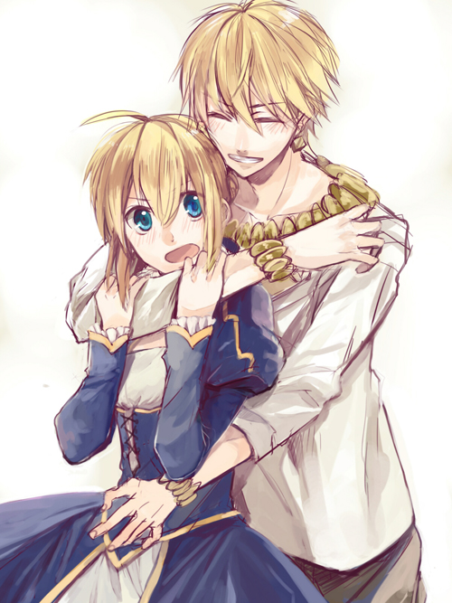 1girl ^_^ ahoge blonde_hair blue_eyes blush bracelet casual closed_eyes dress earrings eyes_closed fate/zero fate_(series) gilgamesh hair_ribbon jewelry machi_(machiruda) necklace open_mouth ribbon saber simple_background white_background