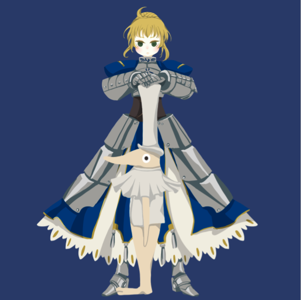ahoge armor armored_dress blonde_hair blue cane crossover dress excalibur excalibur_(soul_eater) fate/stay_night fate_(series) faulds flat_color gauntlets green_eyes hair_ribbon hands_on_hilt hat mos_194 namesake no_lineart parody ribbon saber simple_background soul_eater top_hat